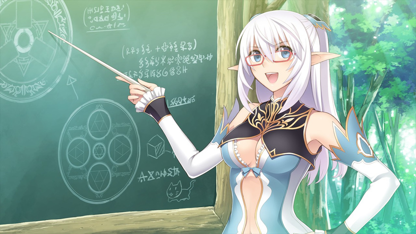 :d altina_(shining_blade) aqua_bow armpits bare_shoulders bespectacled blade_arcus_from_shining blue_eyes bow breasts chalkboard circle cleavage cleavage_cutout day detached_sleeves directional_arrow drawing ears elf eyebrows eyebrows_visible_through_hair eyes fingernails fingers forest frilled_sleeves frills fringe_trim game_cg glasses hair_between_eyes hair_ornament half_updo hand_on_hip hands happy hexagram holding leaf long_hair looking_to_the_side medium_breasts nature navel navel_cutout non-web_source open_eyes open_mouth outdoors pointer pointy_ears red-framed_eyewear shining_(series) shining_blade silver_hair smile solo star star_of_david stomach tanaka_takayuki teacher teaching teeth text_focus tongue tree triangle upper_body