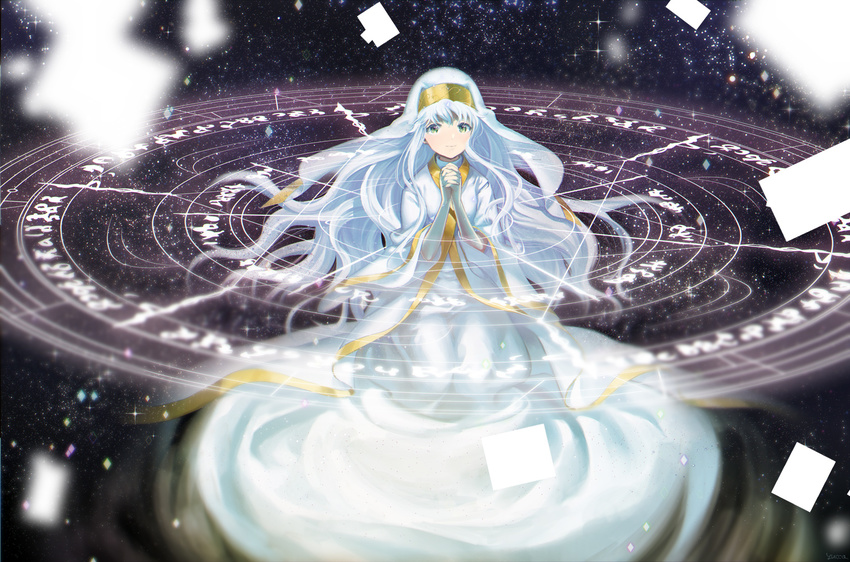 dress falling_card green_eyes habit hands_clasped index long_hair magic_circle nun own_hands_together praying silver_hair smile solo space to_aru_majutsu_no_index yucca_(sui_linx)