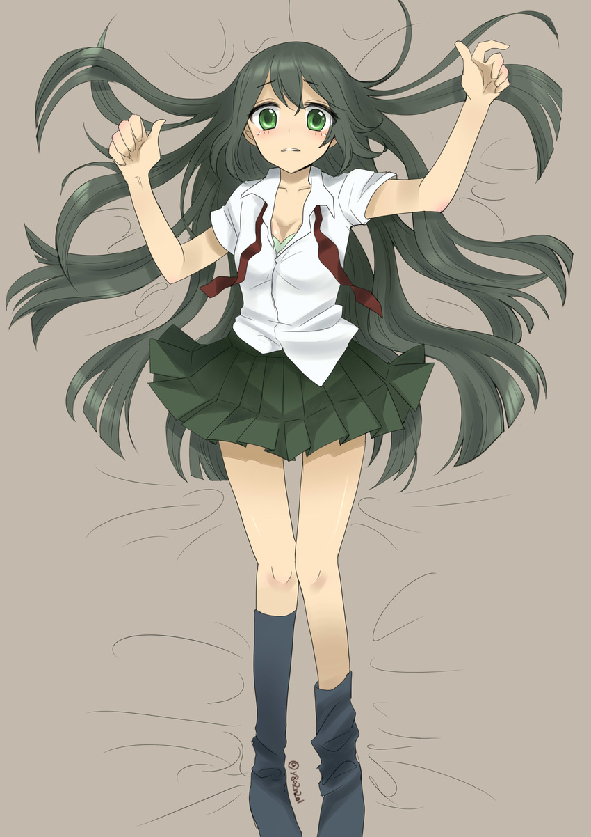 1girl asui_tsuyu boku_no_hero_academia cleavage green_eyes long_hair lying_down school_uniform skirt socks