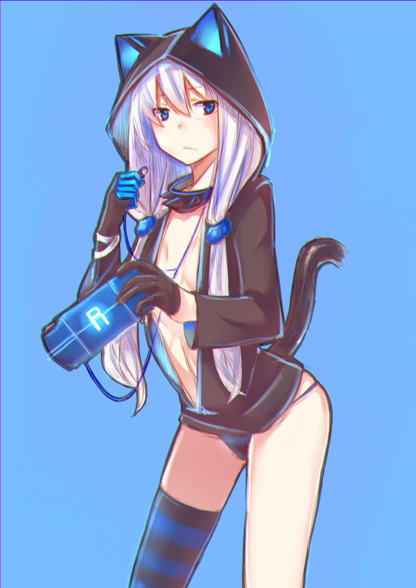absurdres animal_hood bangs black_panties blue_background blue_eyes cat_hood cat_tail collar earphones elbow_gloves gloves handheld_game_console highres hood hoodie long_hair looking_to_the_side low_twintails mismatched_gloves naked_hoodie open_clothes open_hoodie pachina_(zhan_jian_shao_nyu) panties silver_hair single_earphone_removed single_thighhigh sketch solo spiked_collar spikes striped striped_legwear tail thighhighs twintails underwear yan_wen_zi zhan_jian_shao_nyu