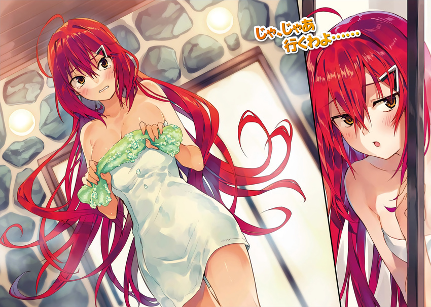 ahoge blush breasts brown_eyes cleavage cowboy_shot dutch_angle hair_between_eyes hair_ornament hairclip highres indoors large_breasts long_hair naked_towel natsu_natsuna non-web_source phantom_arm red_hair scan solo steam tears towel translated very_long_hair