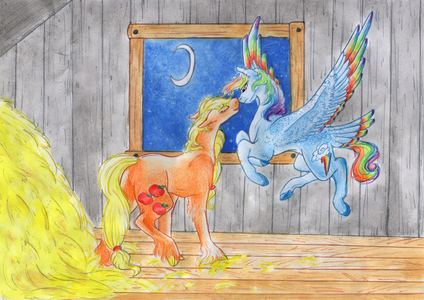 absurd_res applejack_(mlp) blonde_hair blue_feathers blue_fur cutie_mark dawn22eagle duo equine eyelashes eyes_closed feathered_wings feathers female feral flying friendship_is_magic fur hair hay hi_res hooves inside mammal multicolored_feathers my_little_pony night orange_fur pegasus pink_eyes rainbow_dash_(mlp) rainbow_feathers spread_wings standing traditional_media_(artwork) wings