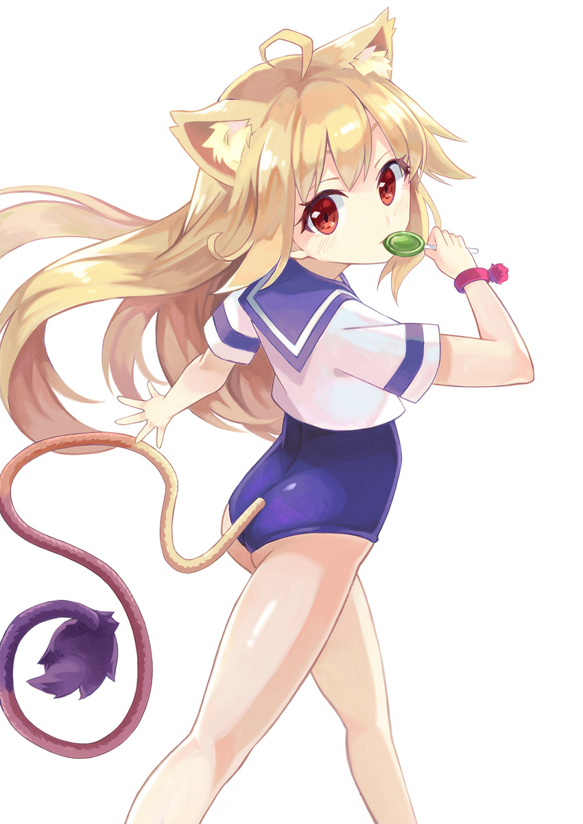 ahoge animal_ears ass blonde_hair candy cat_ears eating flat_ass food from_behind from_side highres lion_ears lion_girl lion_tail lollipop long_hair long_tail looking_back one-piece_swimsuit original red_eyes school_swimsuit school_uniform serafuku shirt solo swimsuit swimsuit_under_clothes tail walking xuan_chu