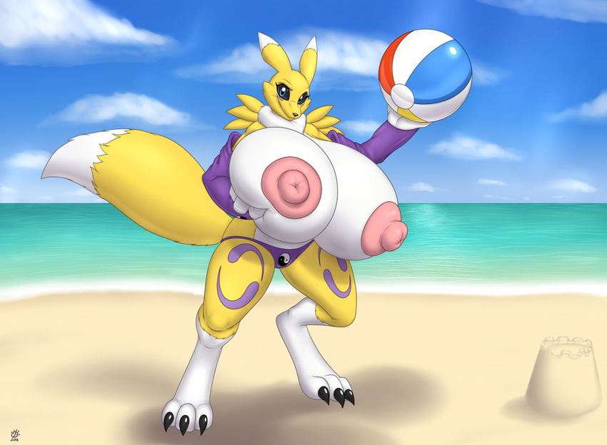 2016 anthro areola badgerben ball beach beach_ball big_breasts blue_eyes breasts clothed clothing digimon erect_nipples female fur huge_breasts hyper hyper_breasts looking_at_viewer nipples renamon seaside smile solo topless yellow_fur