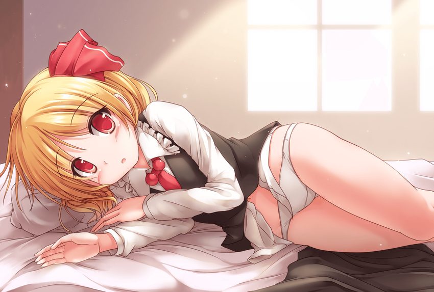 ascot blonde_hair blush hair_ribbon highres long_sleeves looking_at_viewer lying lzh necktie no_pants on_side open_mouth panties pillow red_eyes red_neckwear red_ribbon ribbon rumia shirt skirt skirt_removed solo touhou underwear vest white_panties