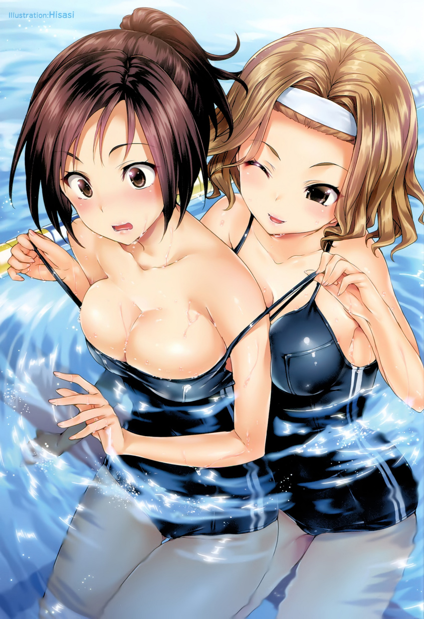;d absurdres artist_name assisted_exposure bare_legs bare_shoulders black_swimsuit blonde_hair blush breasts brown_eyes cleavage collarbone embarrassed head_tilt headband highres hisasi kurebayashi_katsumi medium_breasts multiple_girls narita_ruu off_shoulder one_eye_closed open_mouth partially_submerged photokano ponytail pool pulled_by_another school_swimsuit short_hair smile strap_pull surprised swimsuit swimsuit_pull thigh_gap wading water wavy_hair wavy_mouth yuri