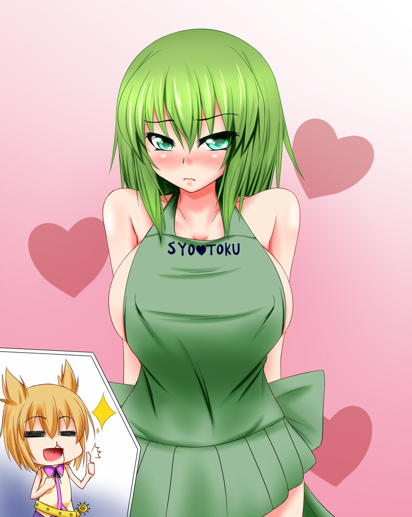 :d =_= adapted_costume apron arms_behind_back bare_shoulders blood blush breasts brown_hair chibi cleavage clothes_writing collarbone commentary_request cowboy_shot frown green_apron green_eyes green_hair heart heart_background highres large_breasts looking_at_viewer multiple_girls naked_apron no_hat no_headwear nose_blush nosebleed open_mouth parmiria pointy_hair shirt short_hair sideboob sleeveless sleeveless_shirt smile soga_no_tojiko solo_focus thumbs_up touhou toyosatomimi_no_miko