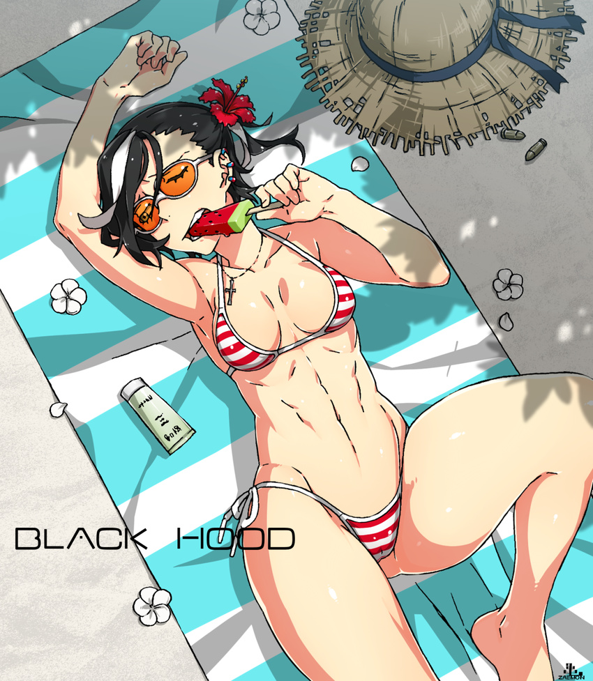 1girl abs bikini biting black_hood breasts bullet character_name cross cross_necklace earrings flower hair_flower hair_ornament hat hat_removed headwear_removed highres jewelry kamezaemon lying medium_breasts multicolored_hair multiple_earrings necklace on_back one_eye_closed popsicle side-tie_bikini solo straw_hat striped striped_bikini sunglasses swimsuit toned towel two-tone_hair