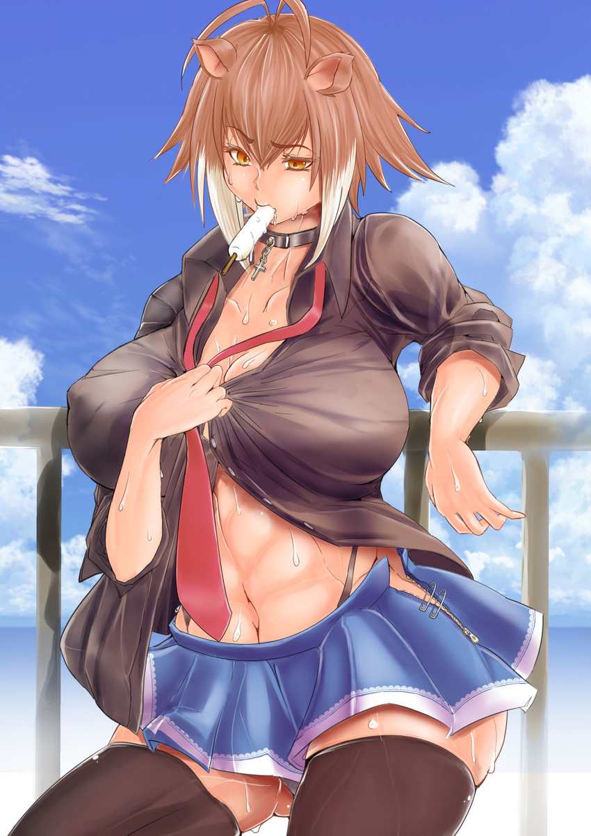 abs against_railing animal_ears antenna_hair ass ass_visible_through_thighs black_legwear black_shirt blazblue blue_skirt breasts brown_hair choker cleavage cloud cloudy_sky cross curvy day eating food highleg highleg_panties highres hot huge_breasts large_breasts leaning_on_object loose_necktie makoto_nanaya miniskirt multicolored_hair navel necktie no_bra no_tail nontan_(nontanexx) orange_eyes panties pantyshot plump popsicle railing red_neckwear revealing_clothes safety_pin school_uniform shirt short_hair side_slit skindentation skirt sky sleeves_pushed_up solo squirrel_ears sweat thick_thighs thighhighs thighs thong two-tone_hair unbuttoned unbuttoned_shirt underwear unzipped zipper