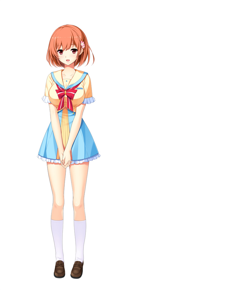 brown_hair flower frilled_skirt frilled_sleeves frills full_body hair_flower hair_ornament highres hoshi_ori_yume_mirai koizumi_amane looking_at_viewer non-web_source open_mouth red_eyes ribbon shinozaki_marika shoes short_hair skirt smile solo standing transparent_background