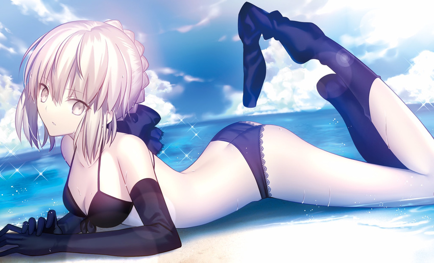 artoria_pendragon_(all) ass beach bikini_top black_bikini_top black_gloves black_panties bow breasts butt_crack cleavage day elbow_gloves fate/stay_night fate_(series) front-tie_bikini front-tie_top gloves hair_bow highres lace lace-trimmed_panties lens_flare long_legs looking_at_viewer loose_thighhigh lying medium_breasts navy_blue_legwear on_stomach pale_skin panties parted_lips platinum_blonde_hair saber_alter shinooji solo sparkle sweat thighhigh_dangle thighhighs underwear