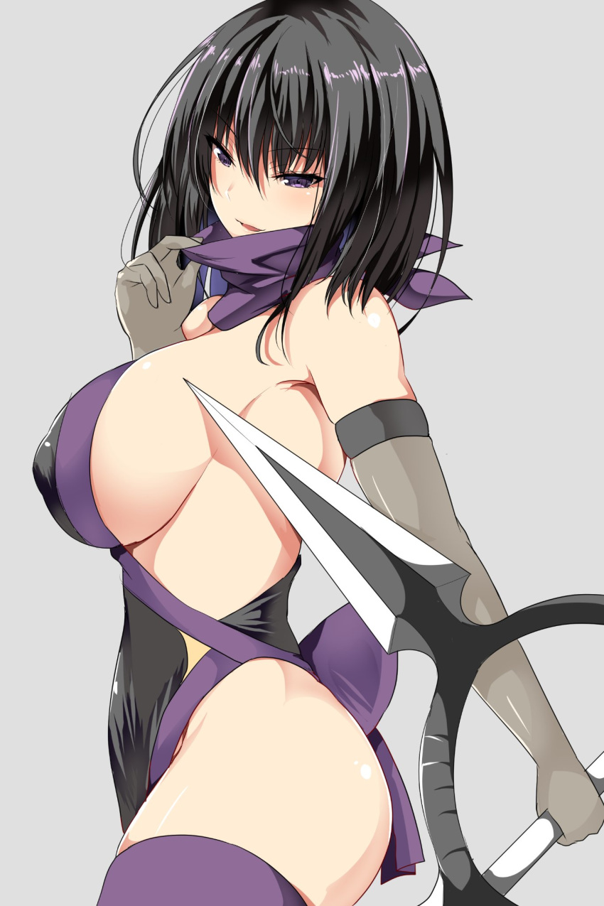 ar_(lover_boy) bandanna bangs bare_shoulders black_hair breasts commentary_request elbow_gloves erect_nipples from_side gloves hair_between_eyes highres holding holding_weapon large_breasts original parted_lips purple_bandana purple_eyes short_hair sideboob thighhighs weapon