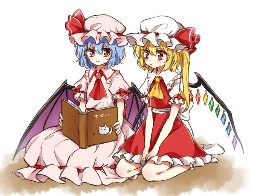 :o arm_garter ascot bat_wings blonde_hair blue_hair blush book bow brooch crystal flandre_scarlet frilled_shirt_collar frills full_body hat holding holding_book jewelry kanon_(ikamiso) mob_cap multiple_girls pink_shirt pink_skirt puffy_short_sleeves puffy_sleeves reading red_bow red_eyes red_ribbon red_shirt red_skirt remilia_scarlet ribbon seiza shirt short_sleeves siblings side_ponytail sisters sitting skirt skirt_set smile touhou v_arms white_background wings