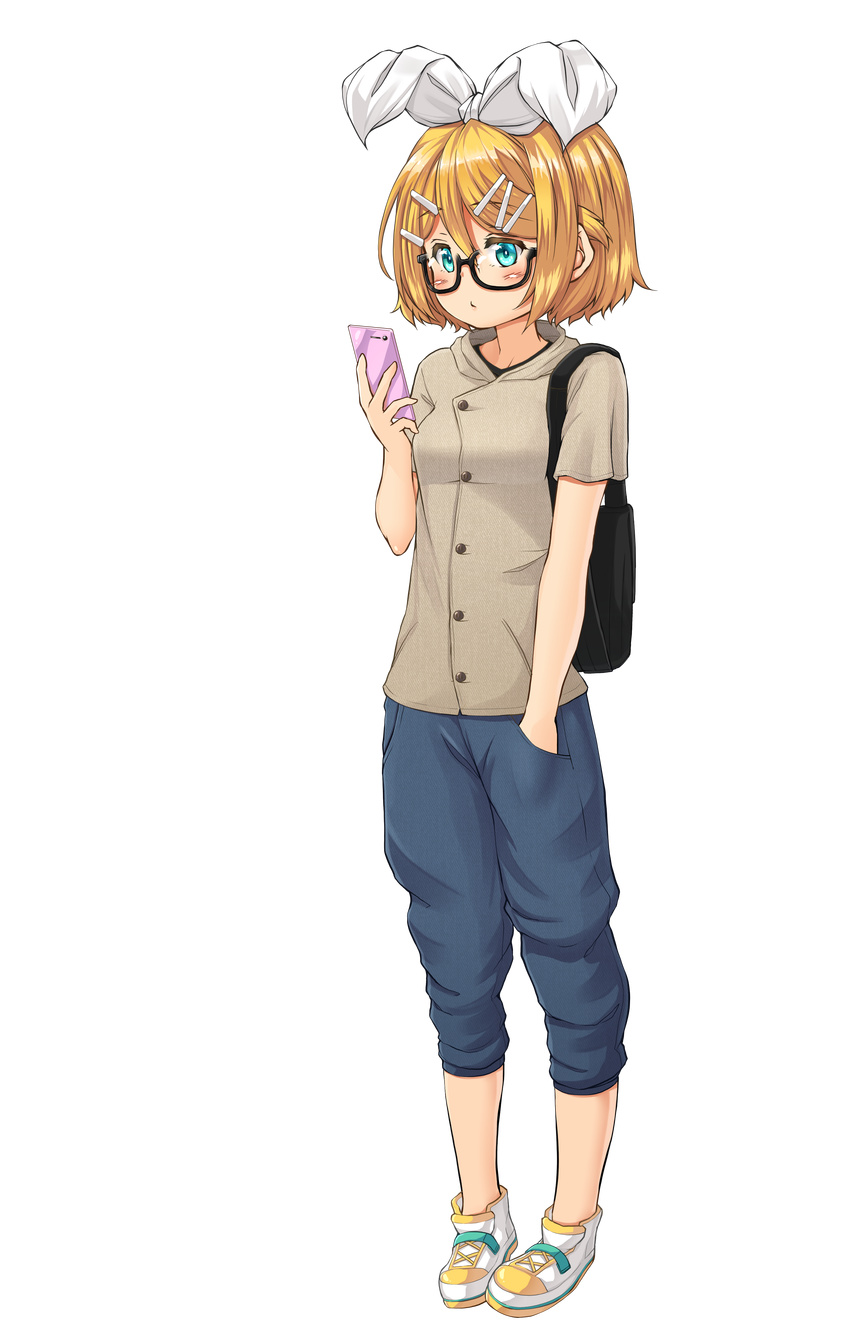 absurdres bag bangs bare_arms bespectacled black-framed_eyewear blonde_hair blue_eyes blush bow breasts capri_pants casual cellphone cross-laced_footwear eyebrows eyebrows_visible_through_hair full_body glasses hair_between_eyes hair_bow hair_ornament hairclip hand_in_pocket highres holding holding_cellphone holding_phone kagamine_rin kitsunerider looking_at_phone pants phone pigeon-toed pocket pout shoes short_hair short_sleeves small_breasts solo standing swept_bangs transparent_background vocaloid white_bow white_footwear