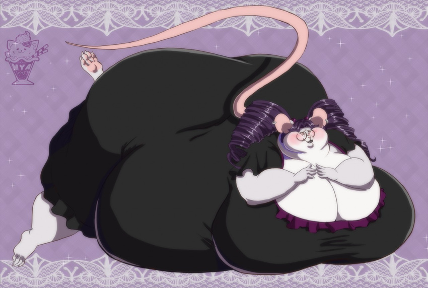 2016 anthro belly big_belly big_breasts big_butt blush breasts butt clothed clothing ear_piercing eyewear female glasses hair huge_breasts huge_butt hyper hyper_belly hyper_breasts hyper_butt lying mammal morbidly_obese mouse myan_(artist) nightgown on_front overweight piercing purple_hair rodent solo