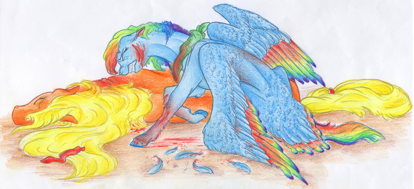 applejack_(mlp) bared_teeth blonde_hair blood blue_feathers blue_fur crying dawn22eagle duo equine eyes_closed feathers feral friendship_is_magic fur hair hooves mammal multicolored_feathers multicolored_hair my_little_pony orange_fur pegasus rainbow_dash_(mlp) rainbow_feathers rainbow_hair simple_background tears teeth traditional_media_(artwork) white_background wings