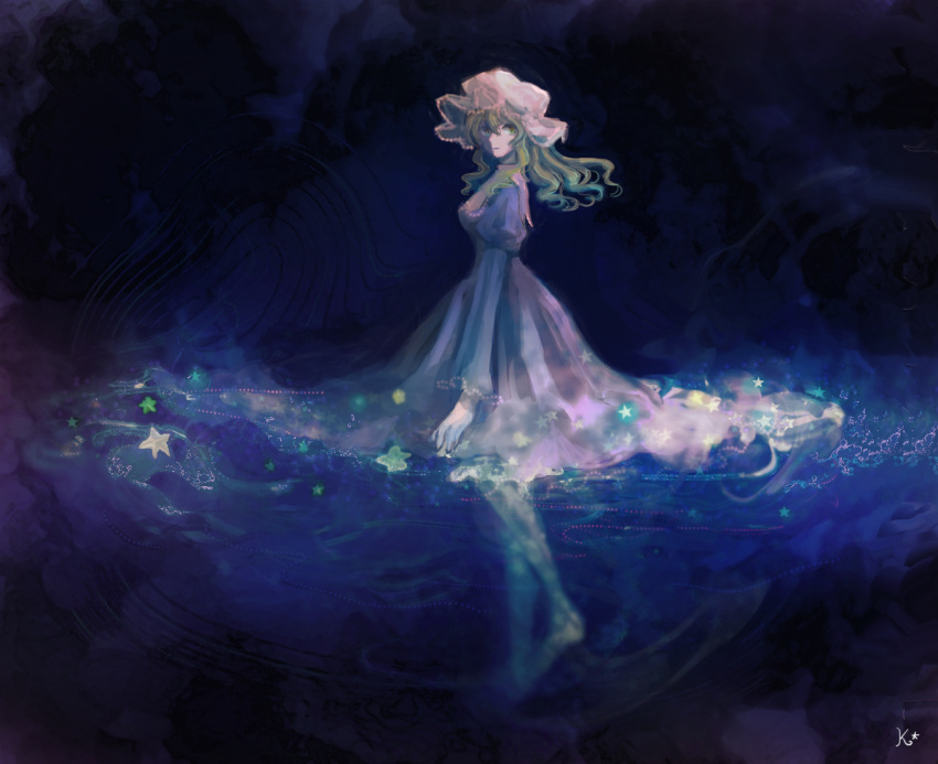 1girl blonde_hair dark_background dress floating floating_clothes from_side full_body hat katari long_hair looking_back looking_to_the_side maribel_hearn mob_cap purple_dress ripples signature sketch solo standing star_(symbol) touhou