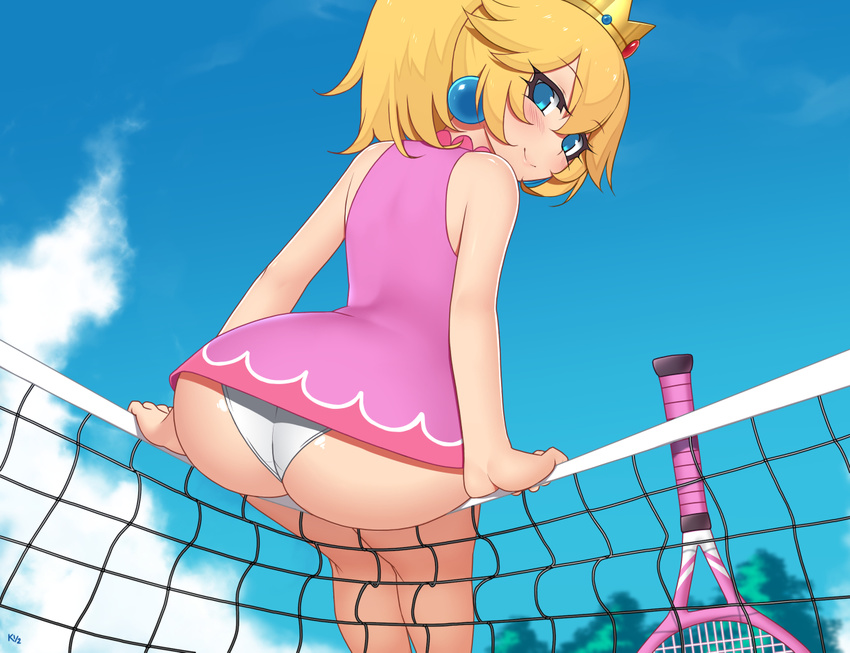 alternate_costume alternate_hairstyle ass blonde_hair blue_sky blush cloud day earrings from_behind jewelry kuroonehalf looking_at_viewer looking_back mario_(series) mario_tennis panties pantyshot pantyshot_(sitting) princess_peach racket sitting sky solo sportswear super_mario_bros. tennis_net tennis_racket tennis_uniform underwear white_panties