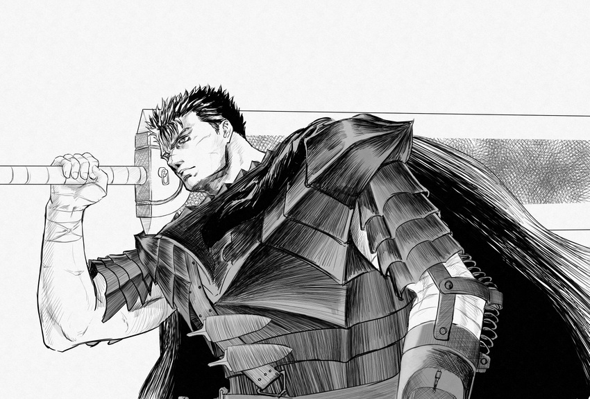 armor bandages belt berserk cape dragonslayer_(sword) facial_scar greyscale guts highres hikichi_sakuya huge_weapon knife lips male_focus monochrome nose_scar scar scar_on_cheek simple_background solo sword weapon