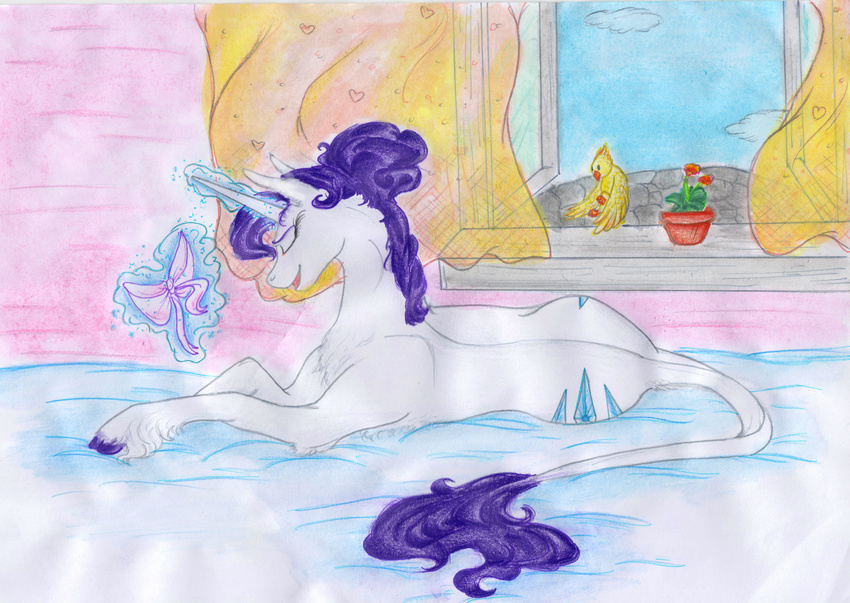 avian beak bird cutie_mark dawn22eagle day detailed_background duo equine eyelashes eyes_closed feathered_wings feathers feral friendship_is_magic fur hair hooves horn lying magic mammal my_little_pony purple_hair rarity_(mlp) traditional_media_(artwork) unicorn white_fur wings