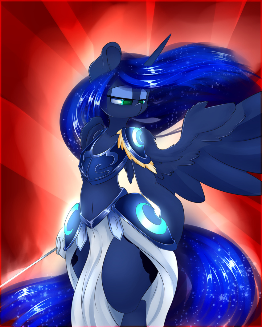 anthro armor blue_feathers blue_fur blue_hair equine feathered_wings feathers female friendship_is_magic fur green_eyes hair horn long_hair madacon mammal midriff my_little_pony navel princess_luna_(mlp) simple_background solo standing wide_hips winged_unicorn wings