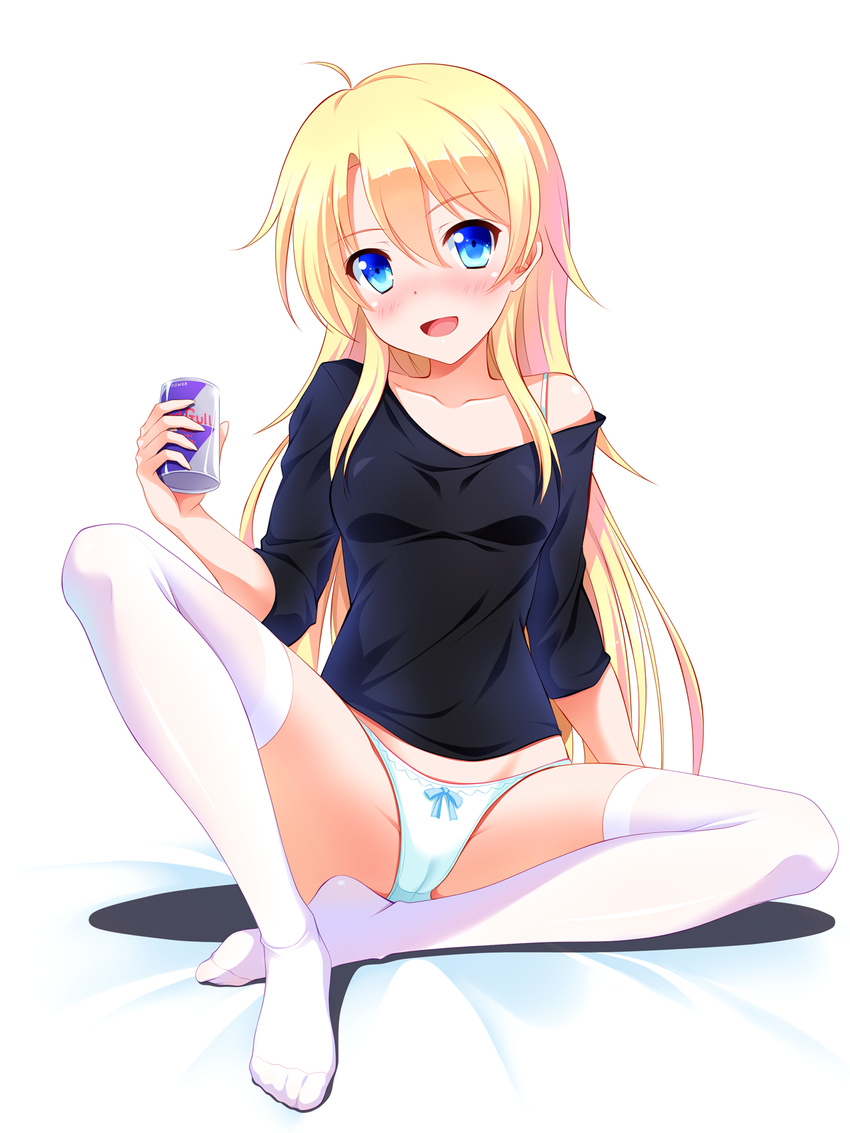 :d ahoge aqua_panties bashen_chenyue black_shirt blonde_hair blush bow bow_panties can collarbone full_body groin head_tilt highres holding holding_can long_hair new_game! no_pants no_shoes nose_blush off_shoulder open_mouth panties shirt sitting smile solo spread_legs thighhighs underwear white_legwear yagami_kou