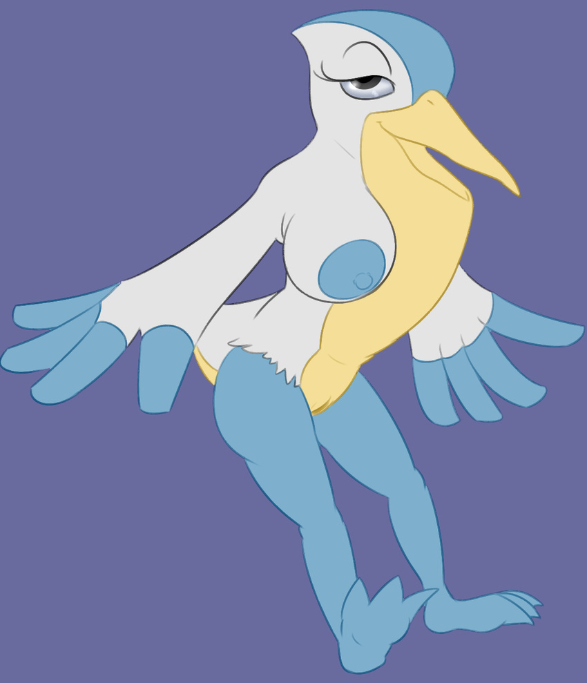 anthro areola avian barefoot beak big_breasts bird breasts erect_nipples feathers female fur half-closed_eyes looking_at_viewer nintendo nipples nude open_mouth pelican pelipper pok&eacute;mon posexe pussy simple_background solo video_games white_fur wings