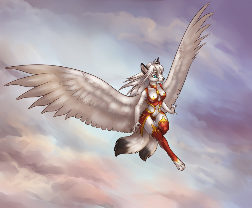 4_toes akineza anthro black_nose blue_eyes breasts canine clothed clothing day digitigrade feathered_wings feathers female flying fox fur hair inner_ear_fluff mammal multi_tail outside sky smile solo toes white_feathers white_fur white_hair wide_hips winged_fox wings