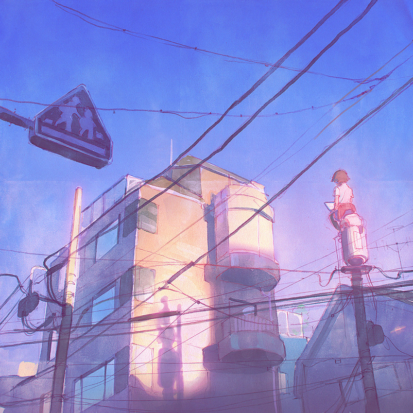 balcony blue_sky brown_hair building clothes_around_waist from_behind from_below house ilya_kuvshinov on_top_of_pole original outdoors pants power_lines radio_antenna shadow shirt shirt_around_waist short_hair short_sleeves sign sketch sky solo sunrise tablet telephone_pole white_shirt wide_shot window