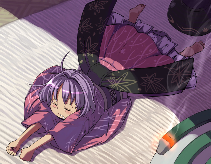 ahoge barefoot blush bowl bowl_hat clenched_hand closed_eyes commentary_request hat hat_removed headwear_removed japanese_clothes kimono mosquito_coil purple_hair saliva shope sleeping smoke solo sukuna_shinmyoumaru tatami touhou