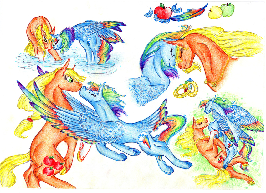 applejack_(mlp) blonde_hair dawn22eagle duo equine eyelashes eyes_closed feathered_wings feathers female flying friendship_is_magic green_eyes hair hooves kissing mammal multicolored_feathers multicolored_hair my_little_pony pegasus pink_eyes rainbow_dash_(mlp) rainbow_feathers rainbow_hair smile standing traditional_media_(artwork) water wings
