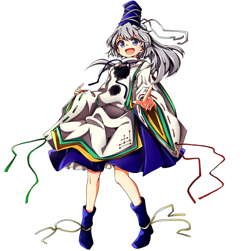 :d absurdres baba_(baba_seimaijo) blue_eyes blue_footwear blue_skirt commentary_request foreshortening full_body hat highres japanese_clothes kariginu long_sleeves looking_at_viewer mononobe_no_futo open_mouth pointing pointing_at_viewer pom_pom_(clothes) ponytail ribbon-trimmed_sleeves ribbon_trim shoes silver_hair skirt smile solo tachi-e tate_eboshi touhou transparent_background v-shaped_eyebrows wide_sleeves