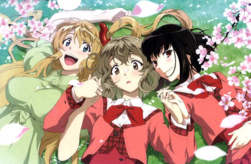 :d arm_up artist_request black_hair blonde_hair blue_eyes blush bow bowtie breasts brown_hair cherry_blossoms closed_mouth collared_shirt dress dress_shirt from_above girl_sandwich grass green_dress head_tilt highres holding_hands large_breasts long_sleeves lying magatama multiple_girls on_back one_side_up open_mouth parted_lips petals plaid red_bow red_eyes red_neckwear sandwiched sasami-san@ganbaranai school_uniform shirt short_sleeves smile tsukuyomi_sasami wing_collar yagami_kagami yagami_tama