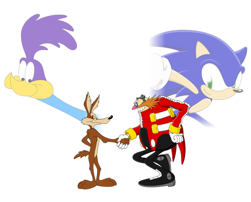 avian bird black_nose brown_fur canine coyote dr._eggman feathers fur group handshake hedgehog human looney_tunes male mammal roadrunner roadrunner_(looney_tunes) simple_background sonic_(series) sonic_the_hedgehog unknown_artist warner_brothers white_background wile_e._coyote