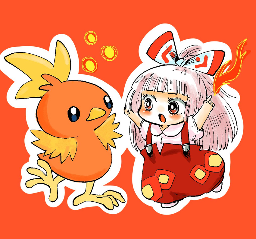 bangs blunt_bangs bow fire fujiwara_no_mokou gen_3_pokemon hair_bow highres index_finger_raised komaku_juushoku long_hair orange_background outline pokemon pokemon_(creature) ponytail puffy_short_sleeves puffy_sleeves red_eyes shirt short_sleeves silver_hair suspenders torchic touhou white_outline white_shirt younger