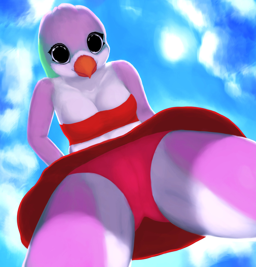 absurd_res anthro avian beak bird black_eyes breasts clothing feathers hi_res looking_at_viewer low-angle_view panties simple_background solo thousandfoldfeathers underwear