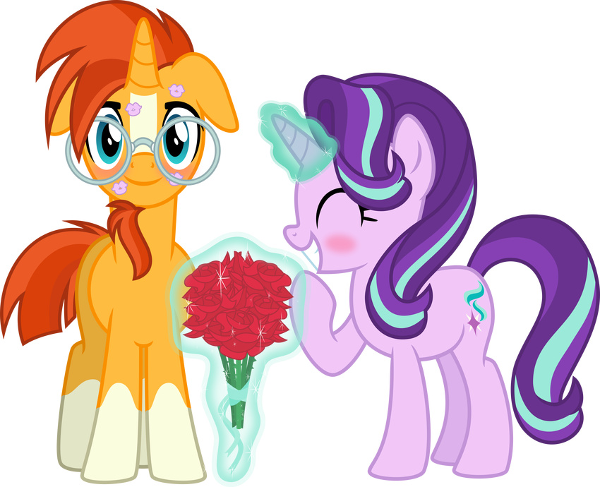 alpha_channel blue_eyes bouquet cutie_mark duo equine eyewear female feral flower friendship_is_magic fur glasses hair horn long_hair male mammal multicolored_hair my_little_pony osipush_(artist) plant rose simple_background smile starlight_glimmer_(mlp) sunburst_(mlp) transparent_background two_tone_hair unicorn