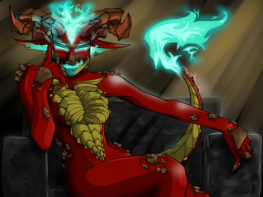 anthro breasts demon featureless_breasts female glowing glowing_eyes horn hybrid invalid_tag looking_at_viewer neverhadwings nude poogle pose scalie sitting smile solo