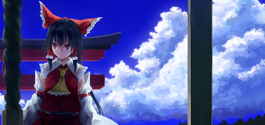 :/ akaiha_(akaihasugk) arm_garter ascot black_hair bow brown_eyes closed_mouth cloud cloudy_sky commentary day detached_sleeves frilled_shirt_collar frills hair_bow hair_tubes hakurei_reimu highres japanese_clothes long_sleeves looking_away miko outdoors red_bow red_shirt red_skirt shirt skirt skirt_set sky solo sweat torii touhou upper_body wide_sleeves
