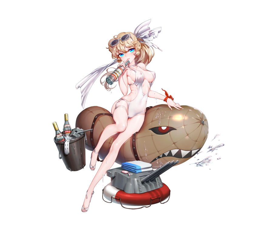 absurdres aircraft alcohol bangs battleship_girl belt blimp blonde_hair blue_eyes bottle breasts bucket center_opening collarbone command_and_conquer command_and_conquer:_red_alert_2 covered_nipples dirigible dripping eyebrows eyebrows_visible_through_hair eyewear_on_head fingernails full_body garter_straps hair_between_eyes hair_ribbon halterneck high_heels highres holding holding_bottle ice ice_cube kirov_(battleship_girl) kirov_airship lifebuoy light_brown_hair long_fingernails long_hair looking_at_viewer lotion_bottle medium_breasts official_art one-piece_swimsuit open_toe_shoes quuni ribbon shade shoes side_cutout skindentation smile solo spill stolichnaya_(vodka) strap_gap suggestive_fluid sunglasses swimsuit thigh_strap towel transparent_background turret vodka wet white-framed_eyewear white_footwear white_swimsuit wine_bottle wrist_ribbon