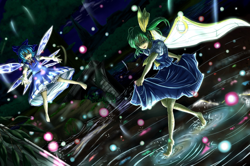 :d ascot barefoot blue_bow blue_dress blue_eyes blue_hair blue_shirt blue_skirt blurry bow cirno daiyousei depth_of_field dress dutch_angle fairy_wings fireflies full_body futagojima green_eyes green_hair hair_bow hair_ribbon ice ice_wings lake lifted_by_self multiple_girls neck_ribbon open_mouth pointy_ears puffy_short_sleeves puffy_sleeves red_ribbon ribbon ruins shirt short_hair short_sleeves side_ponytail skirt skirt_lift skirt_set smile touhou walking walking_on_liquid wings yellow_ribbon