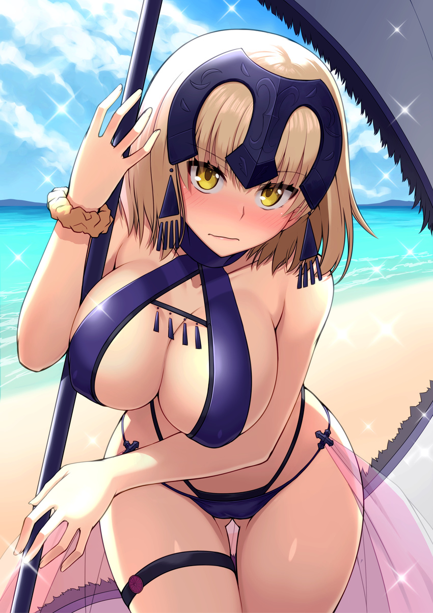 ass_visible_through_thighs bare_arms bare_shoulders bikini blonde_hair blue_sky blush breasts cleavage cloud collarbone covered_nipples day embarrassed eyebrows eyebrows_visible_through_hair fate/grand_order fate_(series) full-face_blush headpiece highres holding holding_staff jeanne_d'arc_(alter)_(fate) jeanne_d'arc_(fate)_(all) large_breasts layered_bikini leaning_forward looking_at_viewer oyaji-sou purple_bikini scrunchie short_hair sky sparkle staff standing summer swimsuit tassel thigh_gap thigh_strap wavy_mouth wrist_scrunchie yellow_eyes