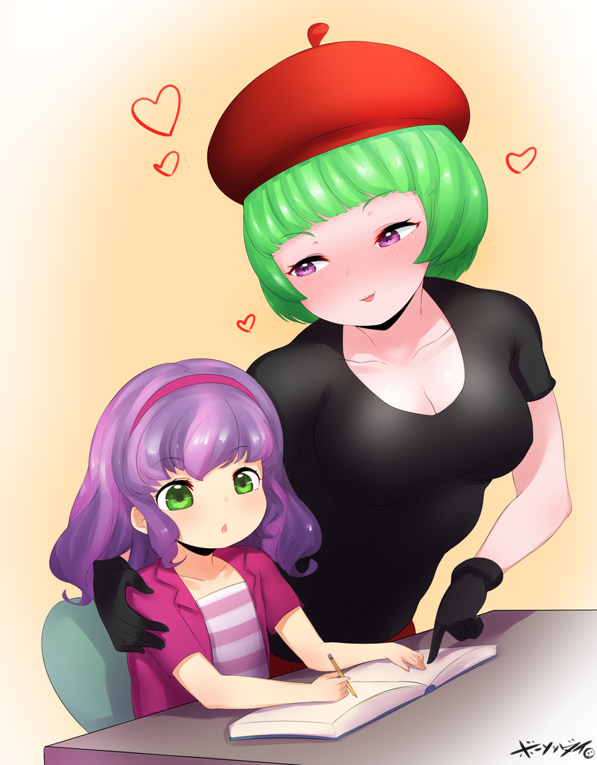 2girls beret book born-to-die breasts child cleavage gloves hair_ornament hand_on_shoulder heart heart-shaped_pupils multiple_girls pointing shadow shiny shiny_hair short_hair striped_shirt symbol-shaped_pupils writing