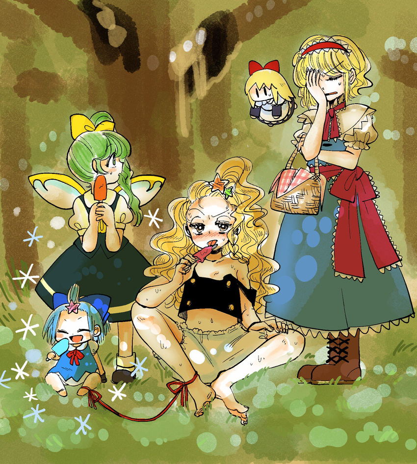 :d alice_margatroid alternate_hairstyle ankle_ribbon barefoot basket black_shirt blonde_hair bloomers blue_bow blue_dress blush boots bow braid brown_footwear capelet chibi cirno closed_eyes commentary daiyousei dress facepalm fairy_wings food green_eyes green_hair hair_bow hair_ornament hairband highres kirisame_marisa komaku_juushoku licking long_hair midriff multiple_girls navel neck_ribbon open_mouth popsicle puffy_short_sleeves puffy_sleeves red_bow red_ribbon ribbon shanghai_doll shirt short_hair short_sleeves side_ponytail sitting smile star star_hair_ornament strap_slip sweat tongue tongue_out touhou underwear wings yellow_bow yellow_eyes