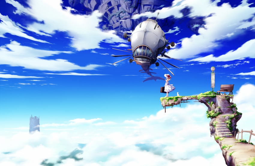 1girl above_clouds aircraft airship animal bag bare_back bare_shoulders bench blonde_hair blue_sky cat cloud cloudy_sky commentary_request day dress duffel_bag facing_away fantasy fence floating_island from_side hat hat_ribbon holding holding_bag long_hair mochizuki_saku original outdoors red_ribbon ribbon scenery shoes sign sky sleeveless solo stairs standing sun_hat sundress white_cat white_footwear wide_shot