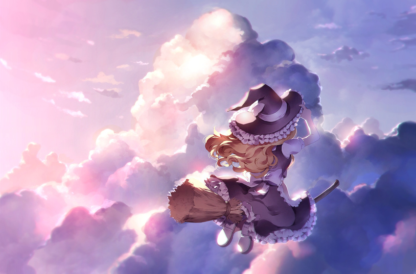 apron black_hat black_skirt black_vest blonde_hair bow broom broom_riding cloud flying from_behind hand_on_headwear hat hat_bow hat_ribbon highres kirisame_marisa outdoors puffy_short_sleeves puffy_sleeves ribbon shoes short_sleeves skirt sky solo sunakumo touhou vest white_bow witch_hat