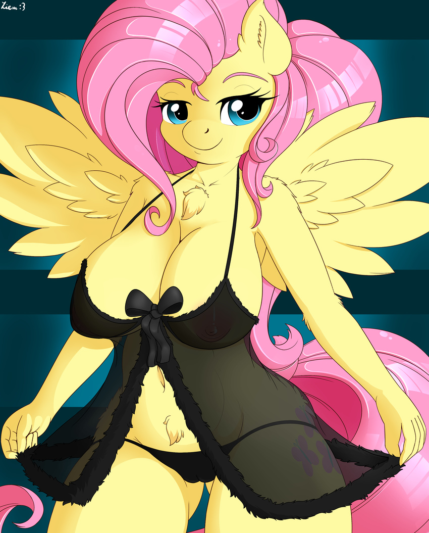 2016 absurd_res anthro anthrofied areola breasts camel_toe chest_tuft clothed clothing cutie_mark equine eyelashes feathered_wings feathers female fluttershy_(mlp) friendship_is_magic fur hair hi_res long_hair looking_at_viewer mammal my_little_pony navel nipples pegasus pink_hair smile solo spread_wings translucent transparent_clothing tuft underwear wings yellow_fur ziemniax