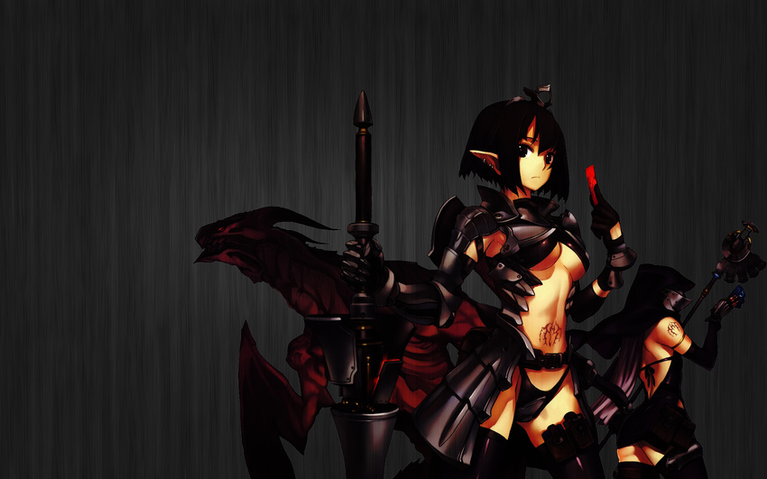 armor black_hair brown_eyes dragon nagi_ryou pointed_ears short_hair underboob weapon