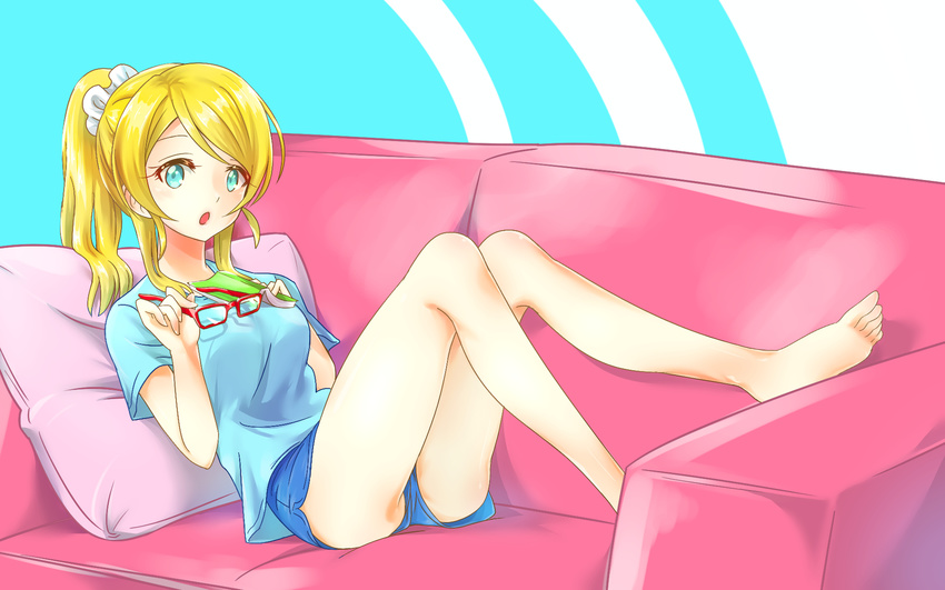 :o ayase_eli barefoot blonde_hair blush breasts couch engawa_(rarenago) eyewear_removed glasses green_eyes highres holding holding_eyewear long_hair looking_at_viewer love_live! love_live!_school_idol_project medium_breasts ponytail red-framed_eyewear shorts solo thighs