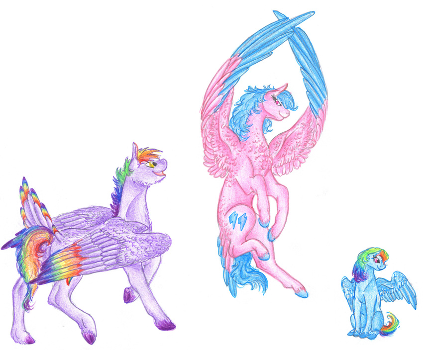 blue_feathers cutie_mark dawn22eagle equine eye_contact eyelashes family feathered_wings feathers female feral firefly_(pre-g4) flying friendship_is_magic fur group hair hooves male mammal multicolored_feathers multicolored_hair my_little_pony pegasus pink_eyes pink_feathers pink_fur purple_feathers purple_fur rainbow_blaze_(mlp) rainbow_dash_(mlp) rainbow_feathers rainbow_hair simple_background smile standing traditional_media_(artwork) white_background wings yellow_eyes young